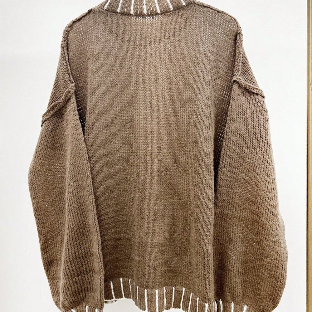 Khaki Casual Women's Oversized Drop Shoulder Long Sleeve Round Neck Sweater - Picture 2 of 5